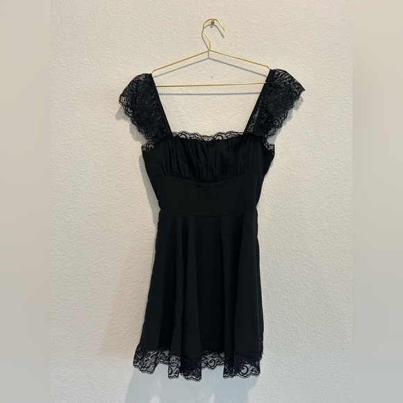 Fashion Nova Black Lace Trim satin silk mini Dress - Picture 2 of 6
